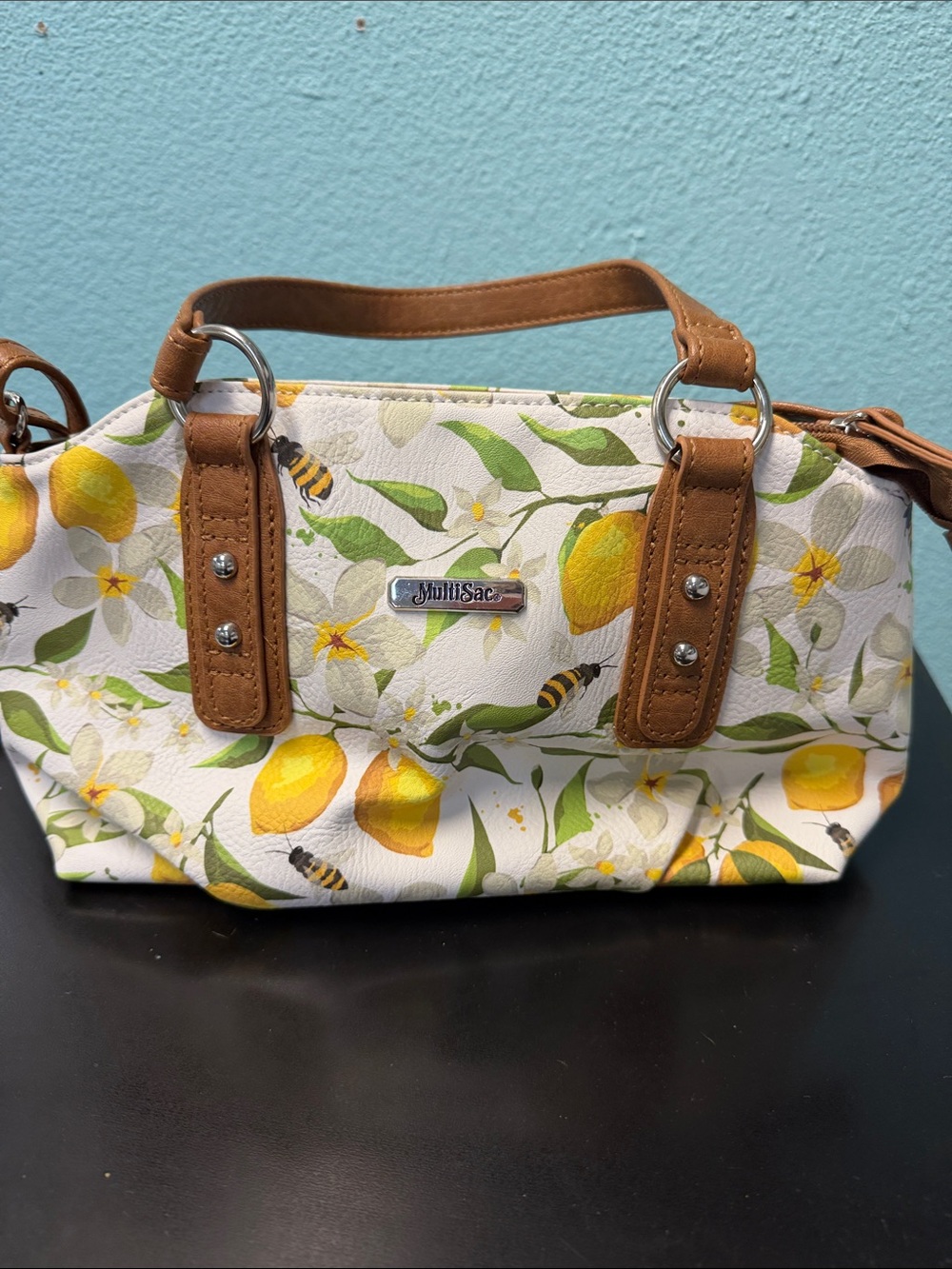 Juilli Sac Lemon Print Satchel with Brown Trim